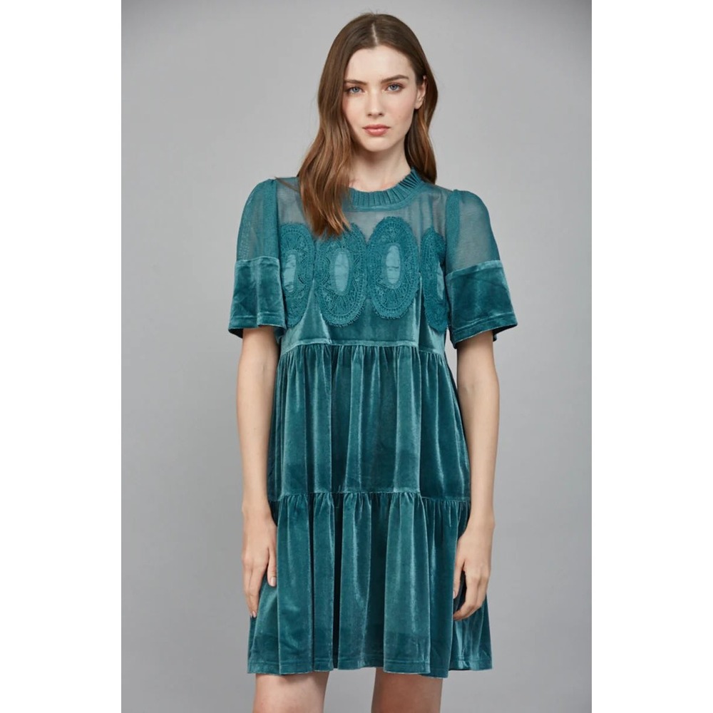 NEW Böhme FATE Velvet Babydoll Dress Teal Sarah Lace Large Mini Holiday Party